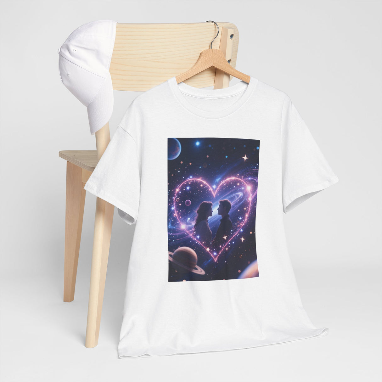 Galaxy Heart Couple T-Shirt folded neatly, showcasing the romantic cosmic design.