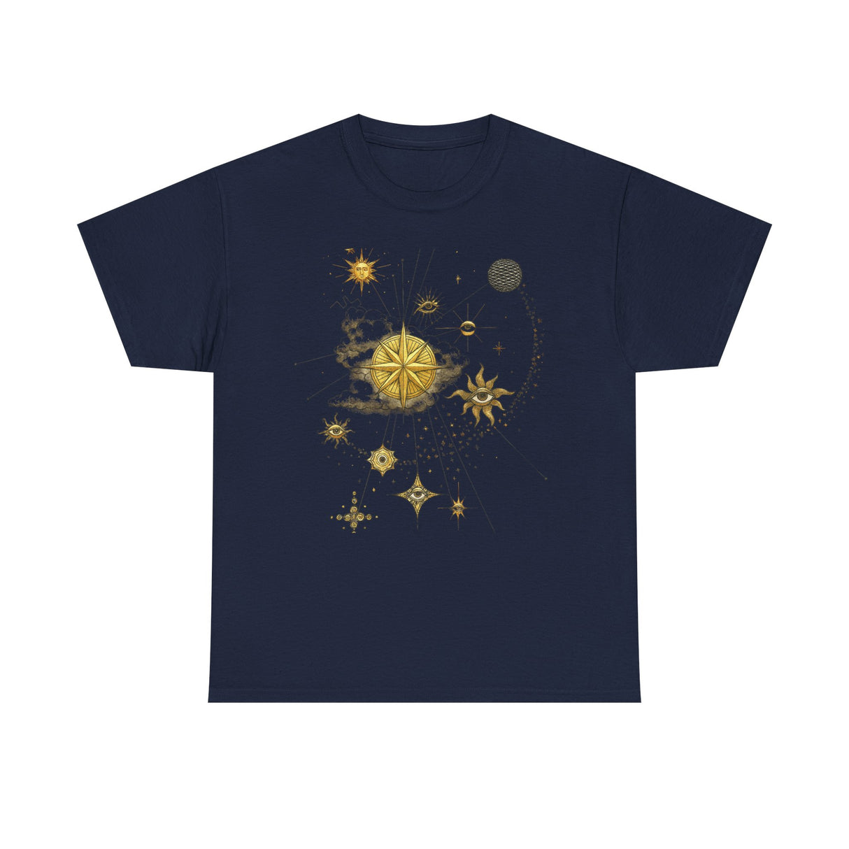 Celestial Compass Tee — Gold Star & Moon Astrology Graphic Shirt displayed on a hanger highlighting its classic crew neckline.