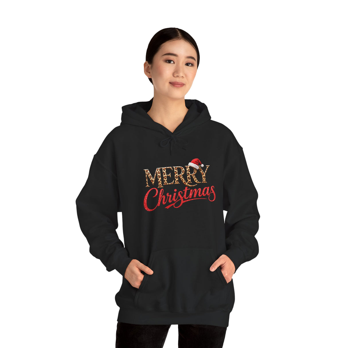 Merry Christmas Hoodie shown with spacious kangaroo pocket and double-lined hood.