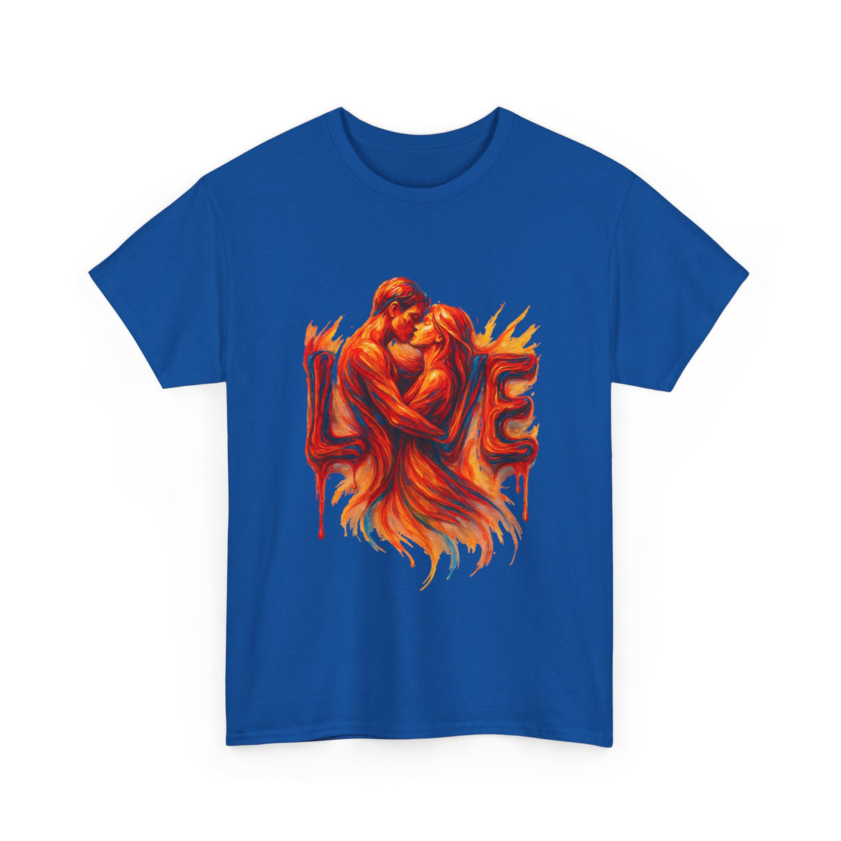 Artistic representation of the Love Flames Graphic Tee — Fiery Embrace Romantic Couple T-Shirt against a vibrant backdrop.