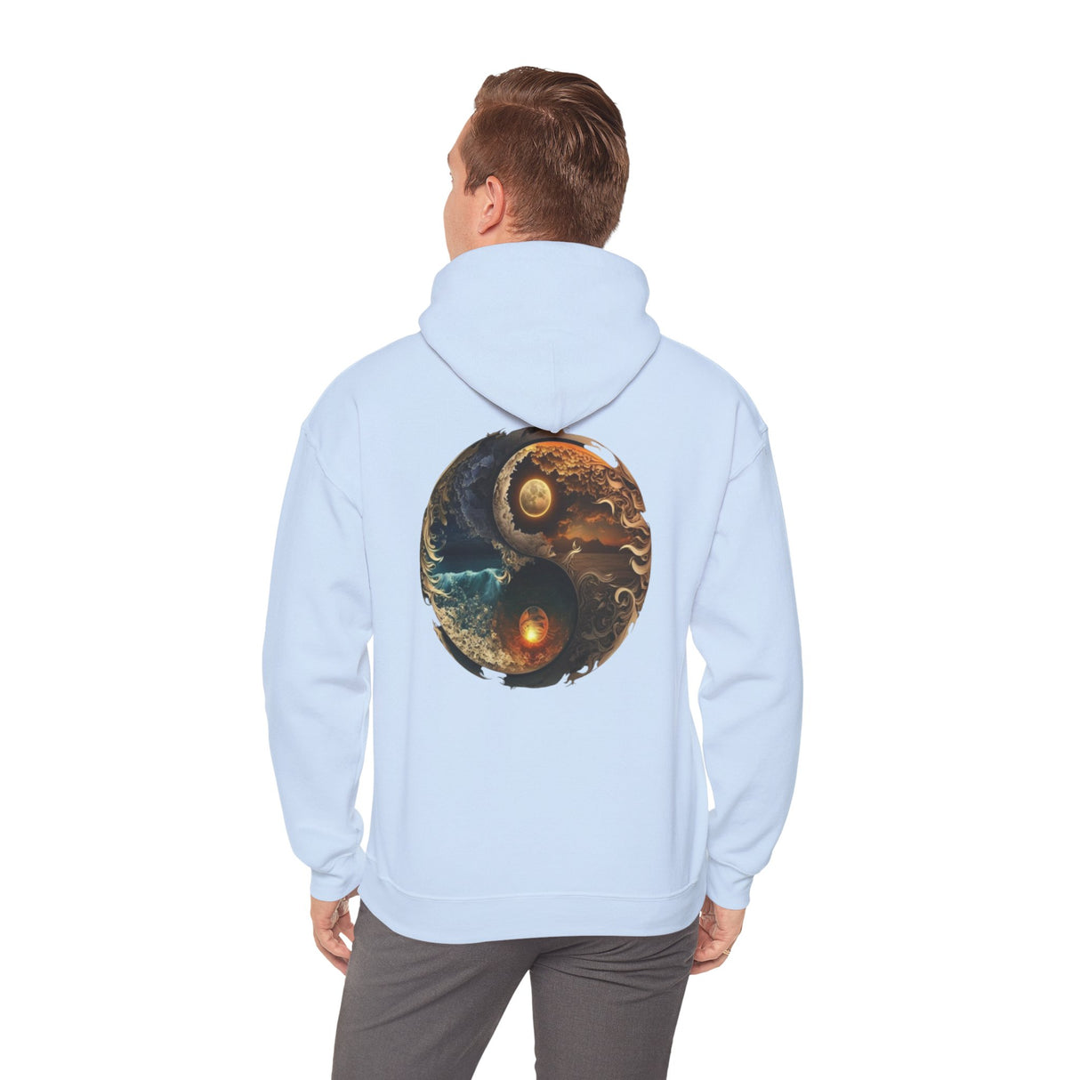 Group of friends wearing the Yin Yang Moon & Sun Hoodie during an outdoor gathering.
