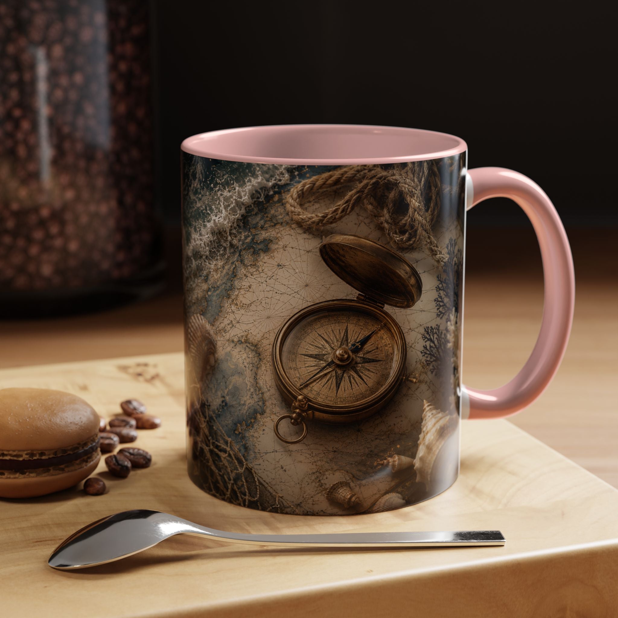 Nautical Compass Accent Coffee Mug – Vintage Sea Shells & Compass Travel Design (11oz)