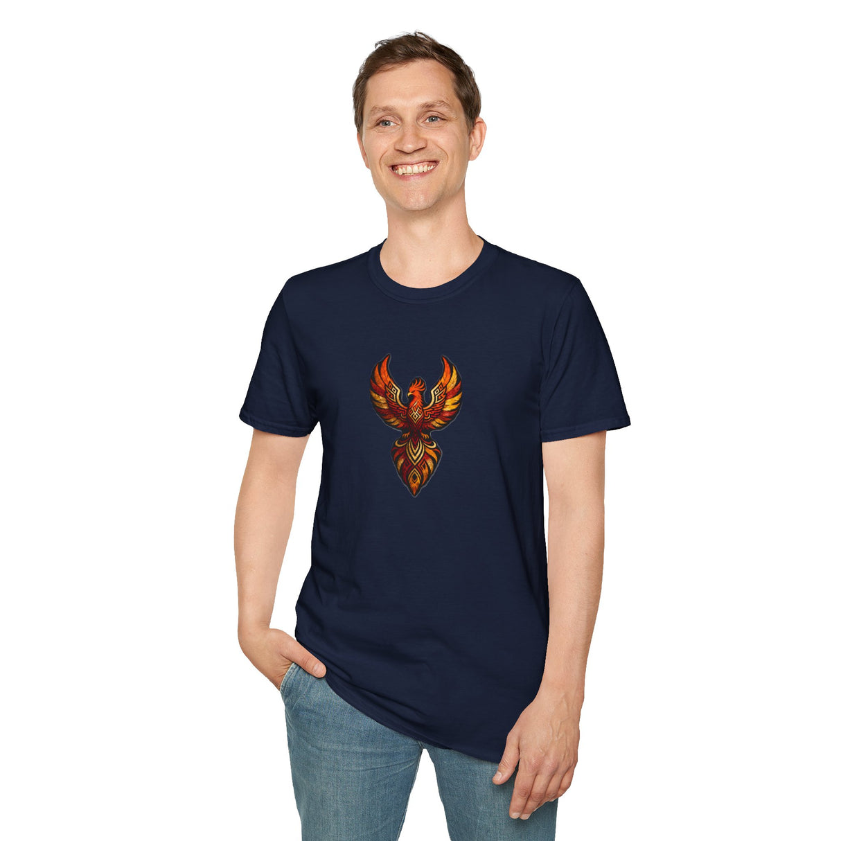 Phoenix Tribal Graphic T-Shirt Fiery Bird Design Tee in urban setting, featuring a vibrant phoenix design blue