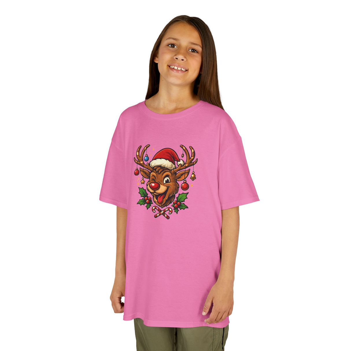 Kids Christmas Reindeer Tee — Cute Santa Hat Rudolph Holiday Shirt featuring ribbed collar and soft cotton fabric.
