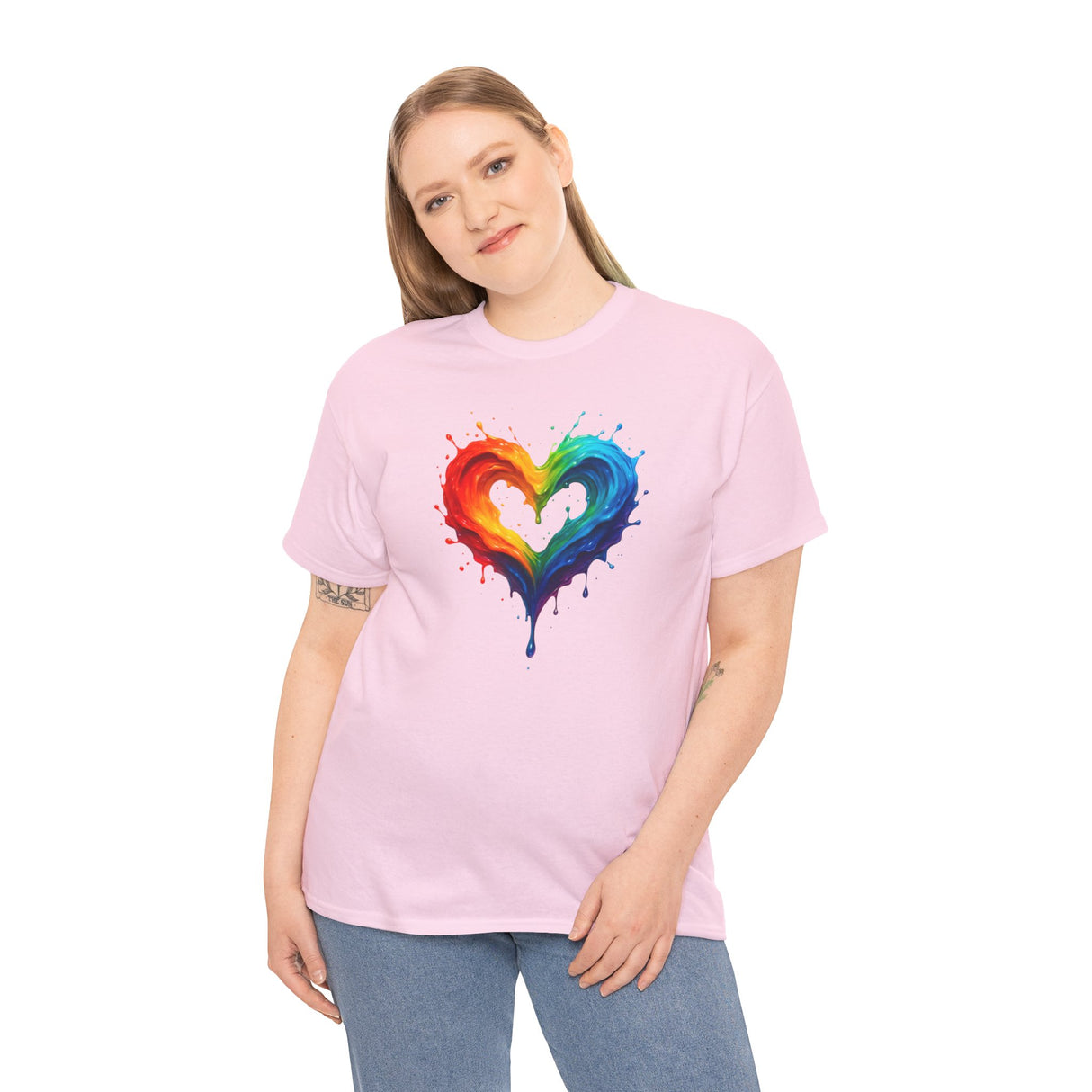 A casual day look featuring the Rainbow Drip Heart T-Shirt paired with denim shorts, perfect for summer.