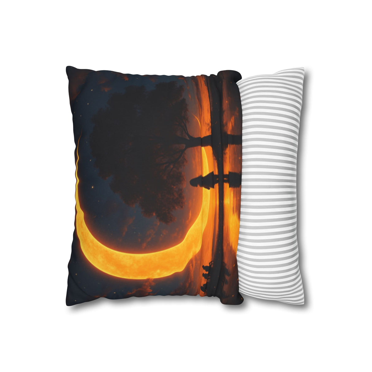 Elegant design of the Crescent Moon Silhouette Decorative Pillow highlighting the double-sided print and concealed zipper, combining style with functionality in home decor.