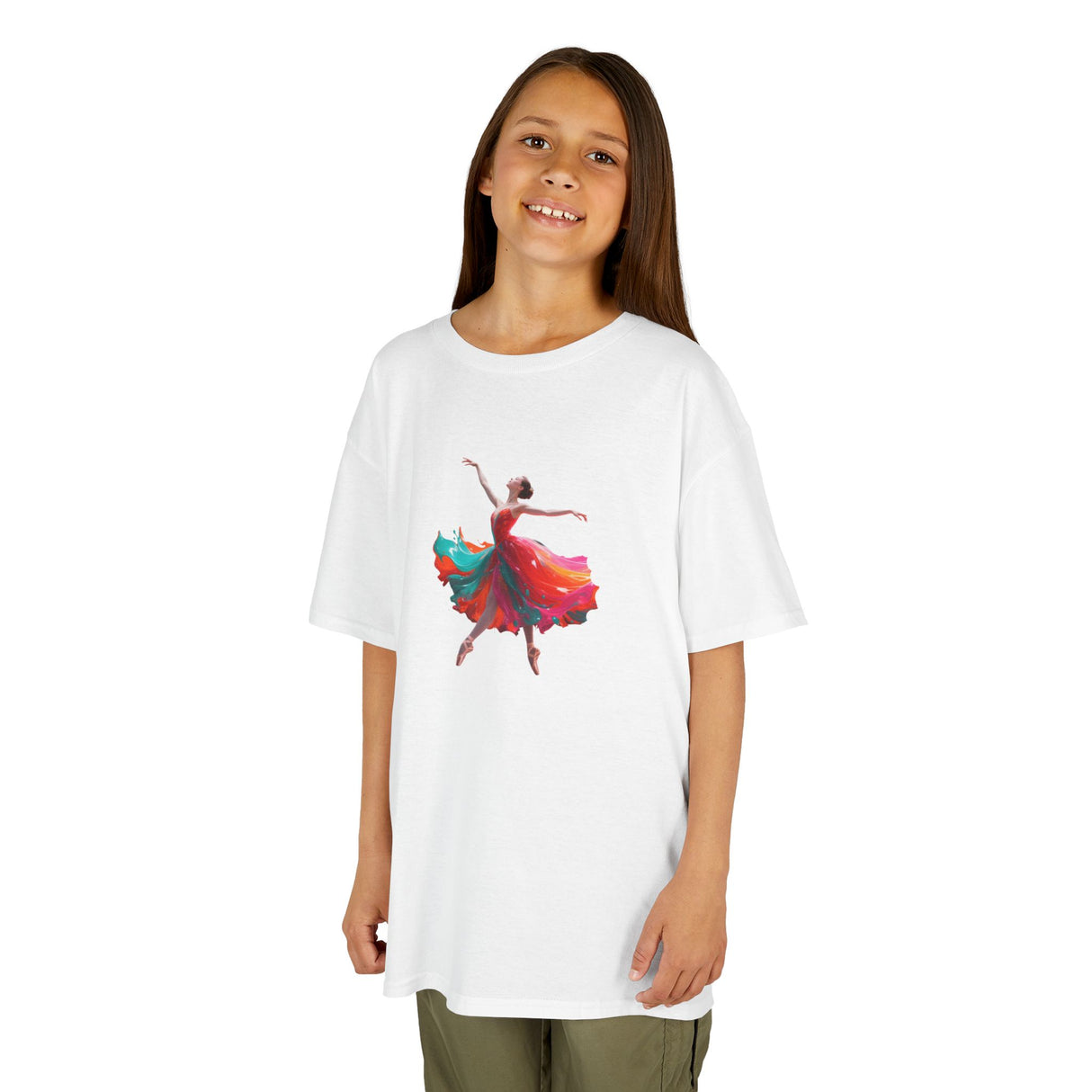 Kids Dance T-Shirt — Colorful Ballerina Graphic Tee showcasing a playful ballerina in reds, pinks, and teal.