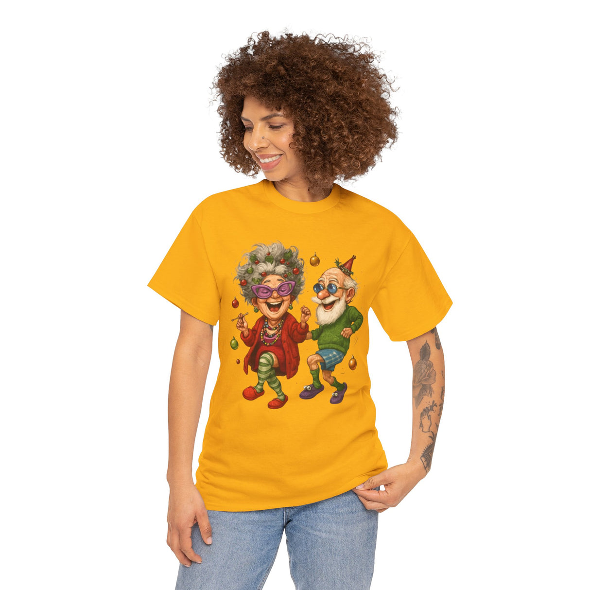 Heartwarming Dancing Seniors Illustration T‑Shirt with vibrant colors depicting happy seniors.