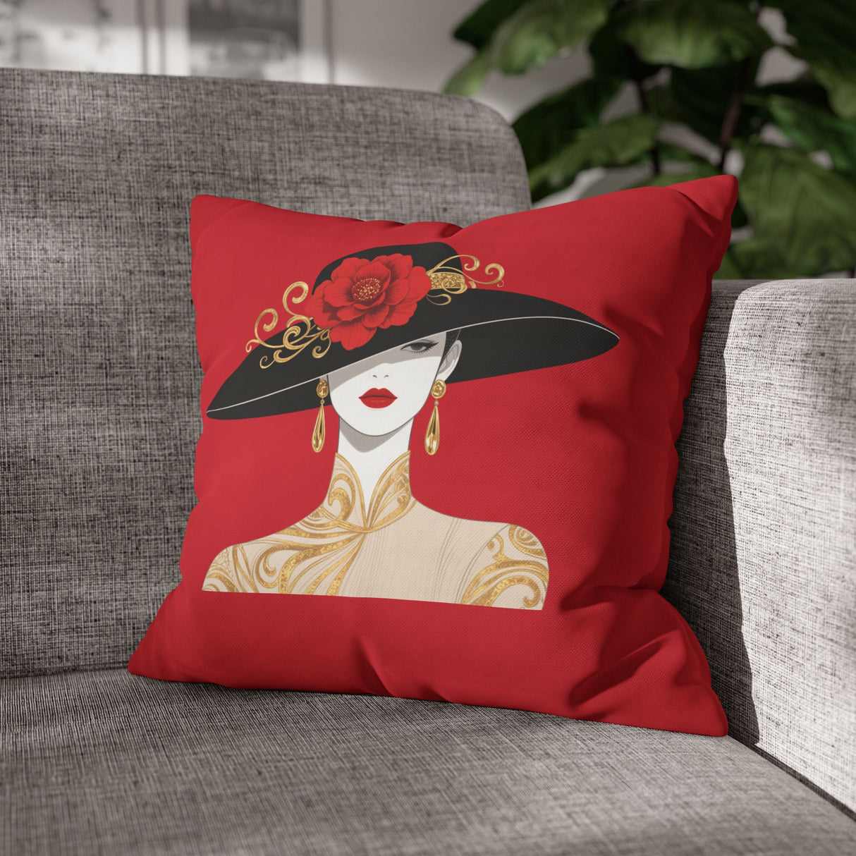 Elegant Red Lady Pillowcase — Decorative Square Accent Pillow Cover 16" × 16"