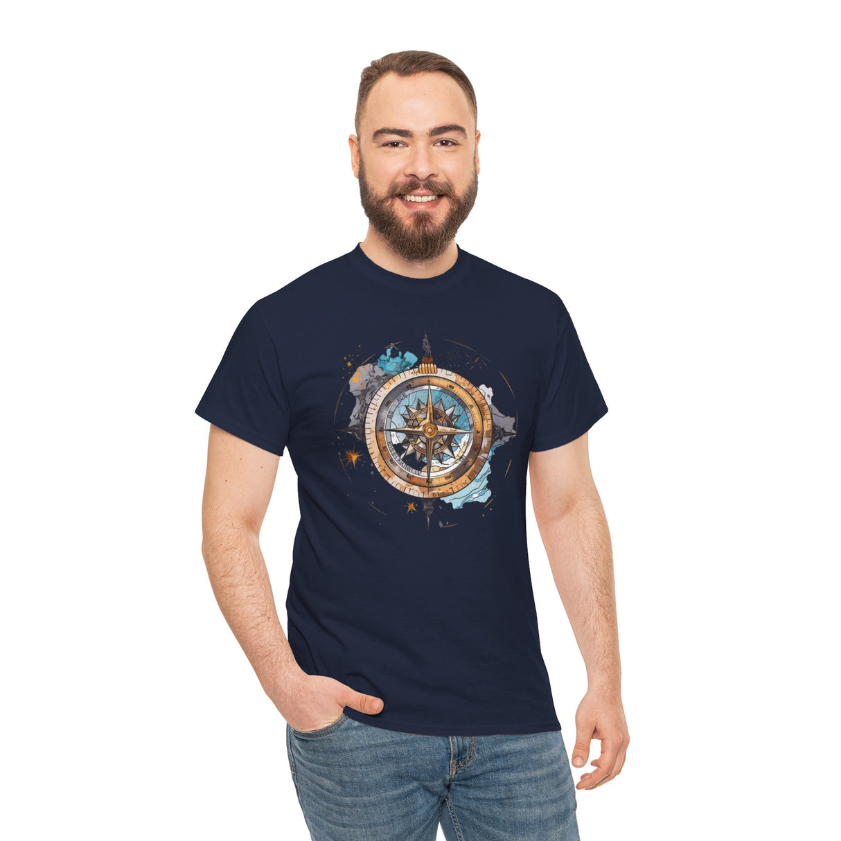 Front view of the Compass Rose T-Shirt on display at the beach, perfect for summer outings — Vintage Nautical Adventure Graphic Tee