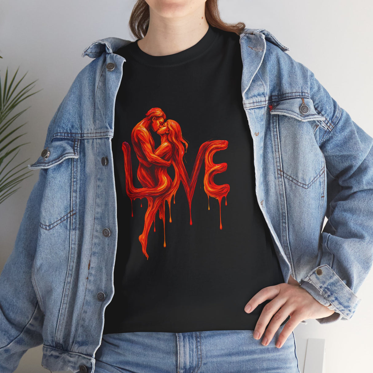Product layout view of Love Silhouette T-Shirt - Romantic Dripping Heart Design presenting its features visibly.