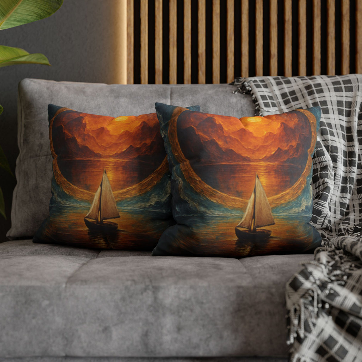 Double-sided detail of the Sailboat Sunset Decorative Pillow - Nautical Dreamscape Square Cushion 16" × 16", featuring vibrant colors and painterly textures.