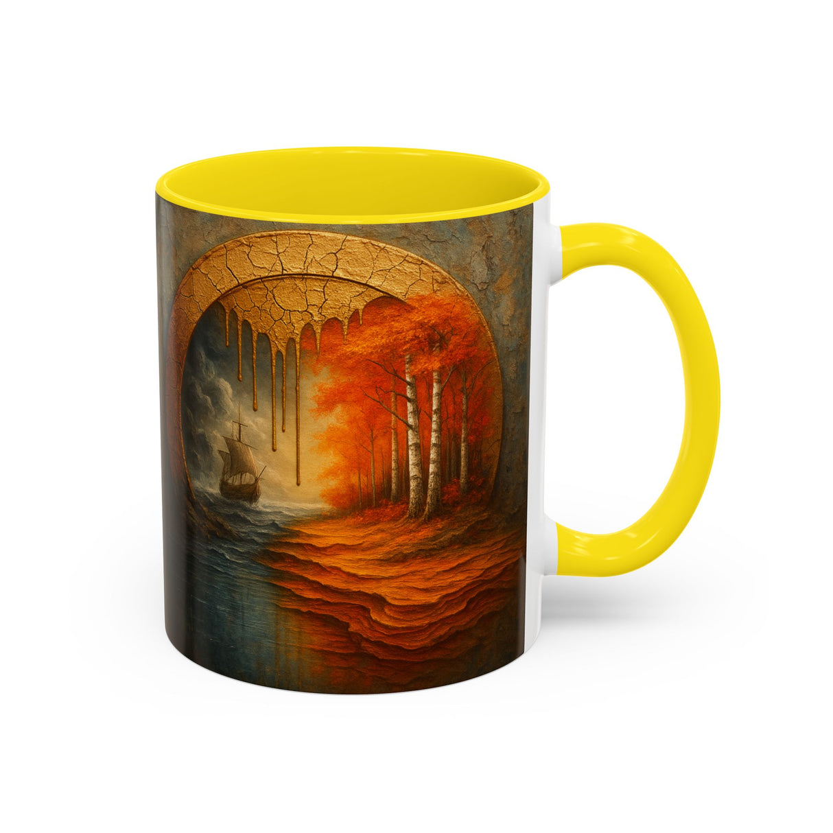 Autumn Portal Coffee Mug surrounded by autumn decorations, bringing seasonal charm.