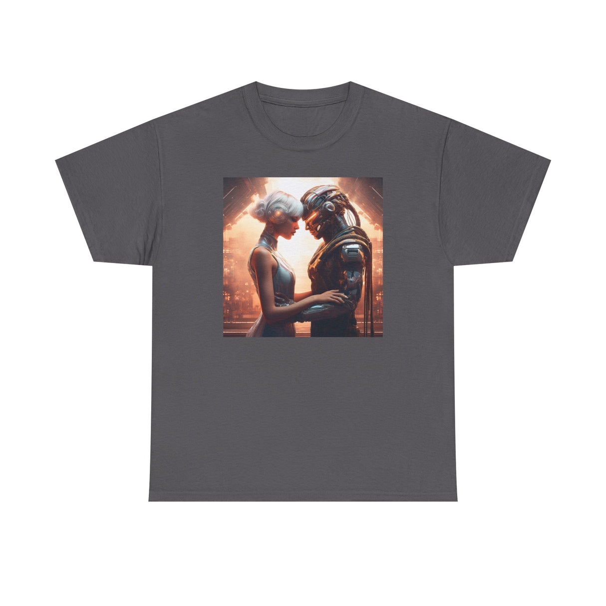 Romantic Sci-Fi Couple Tee — Futuristic Lovers Graphic T-Shirt perfectly suited for coffee shops and casual meetups.