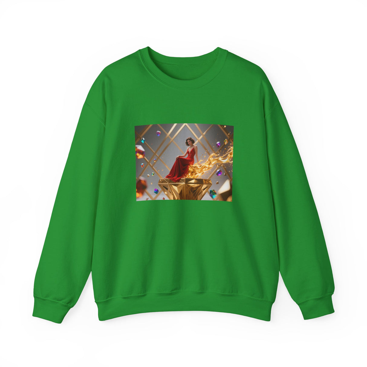 Crewneck Sweatshirt — Elegant Red Gown Art Print (Regal Celebration), perfect for creative occasions with dramatic art centered on a red gown.