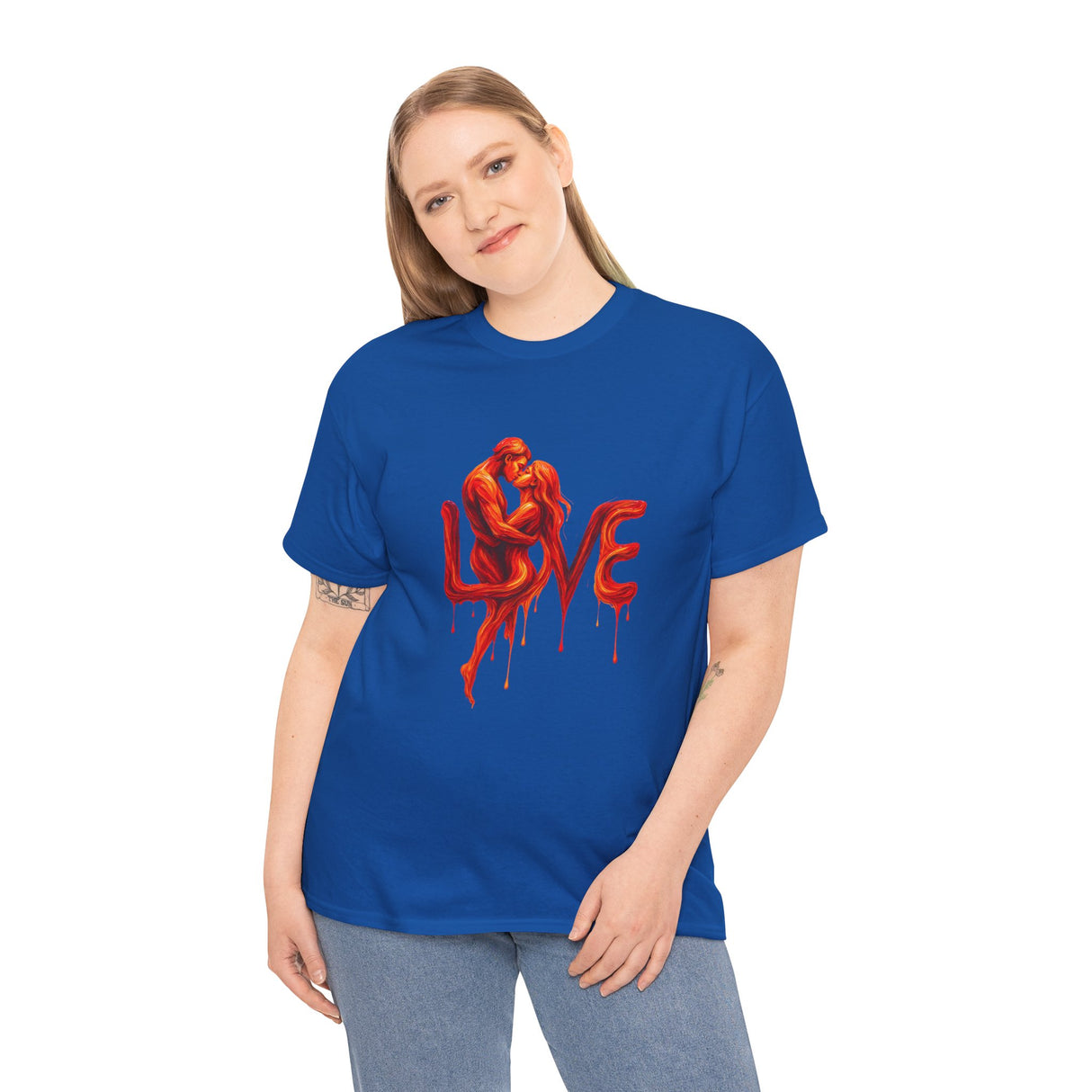 Young adult wearing Love Silhouette T-Shirt - Romantic Dripping Heart Design, enjoying a city day.