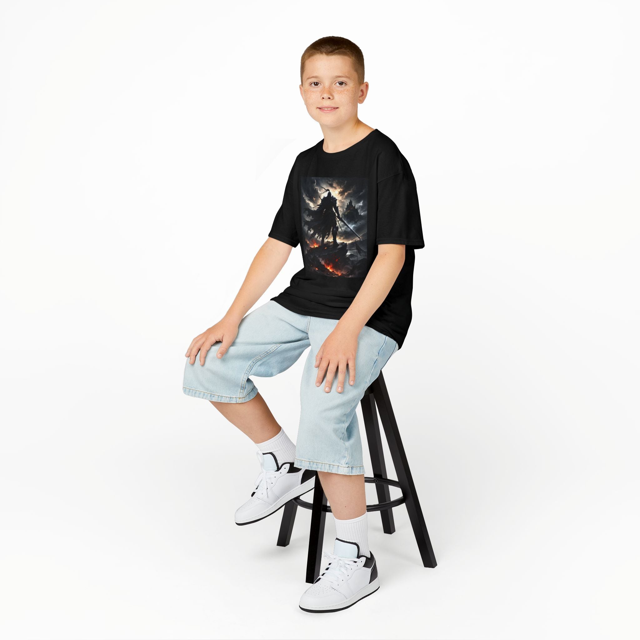 Kids Fantasy Warrior T‑Shirt — Dark Knight Battle Scene Graphic Tee
