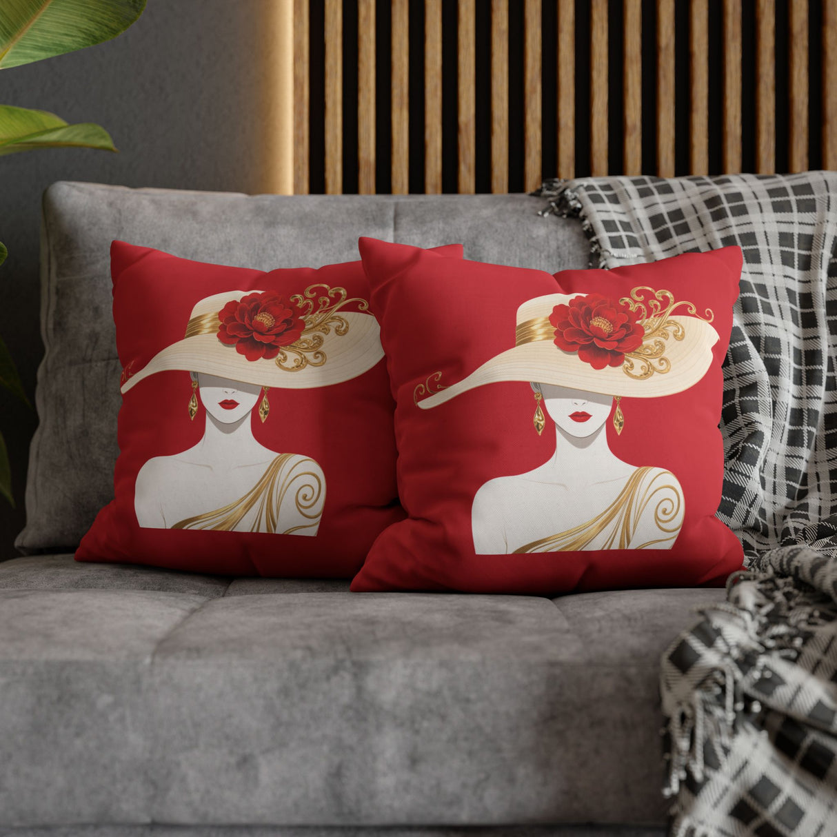 Glamorous Red Lady Pillowcase – Decorative Square Throw Pillow Cover with Elegant Hat Design 16" × 16"