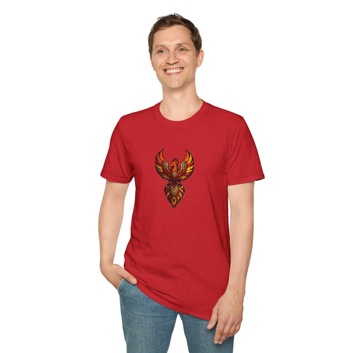 Phoenix Tribal Graphic T-Shirt Fiery Bird Design Tee in urban setting, featuring a vibrant phoenix design red