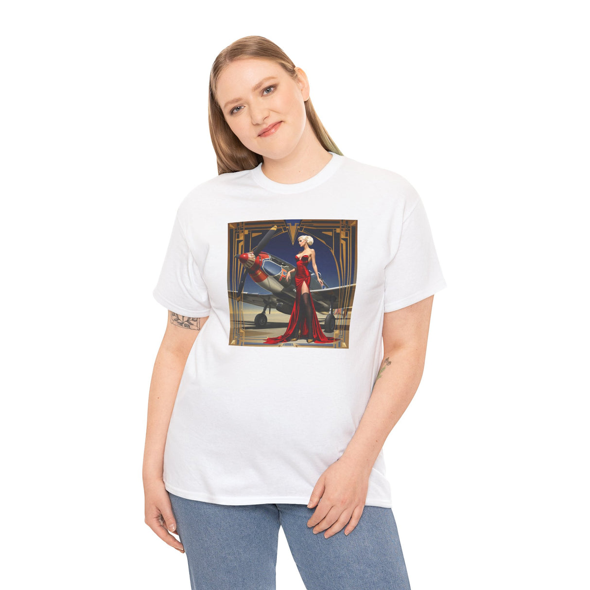 Art Deco Aviatrix Tee displayed on a hanger to emphasize its classic crew-neck silhouette.