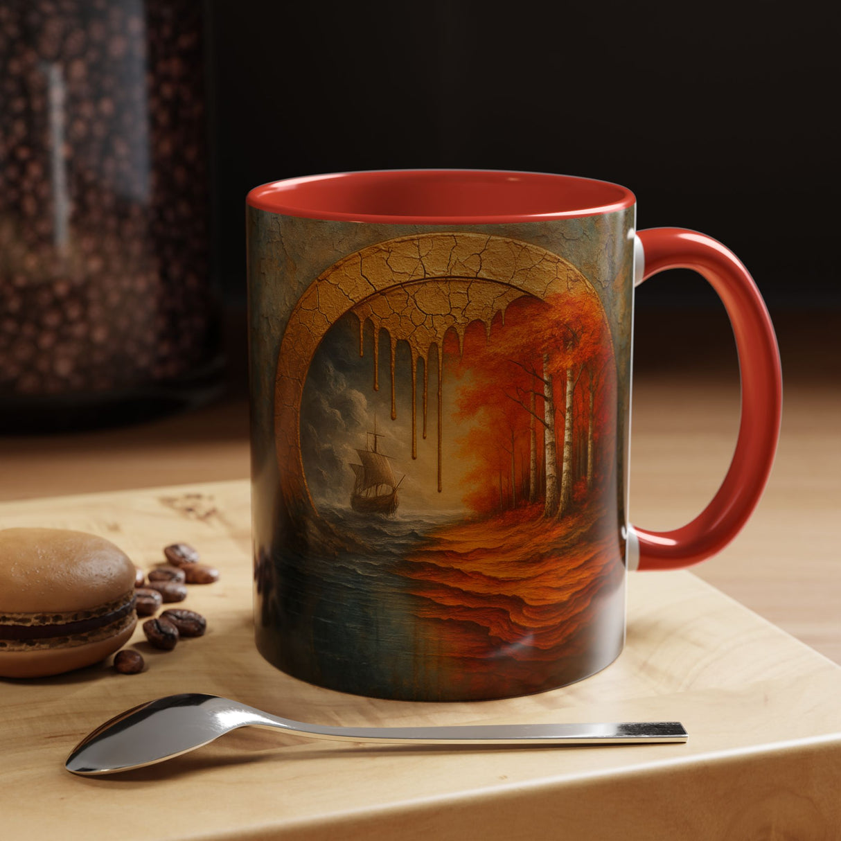 Autumn Portal Coffee Mug featuring surreal fall landscape with a warm birch grove and a quietly flowing river.