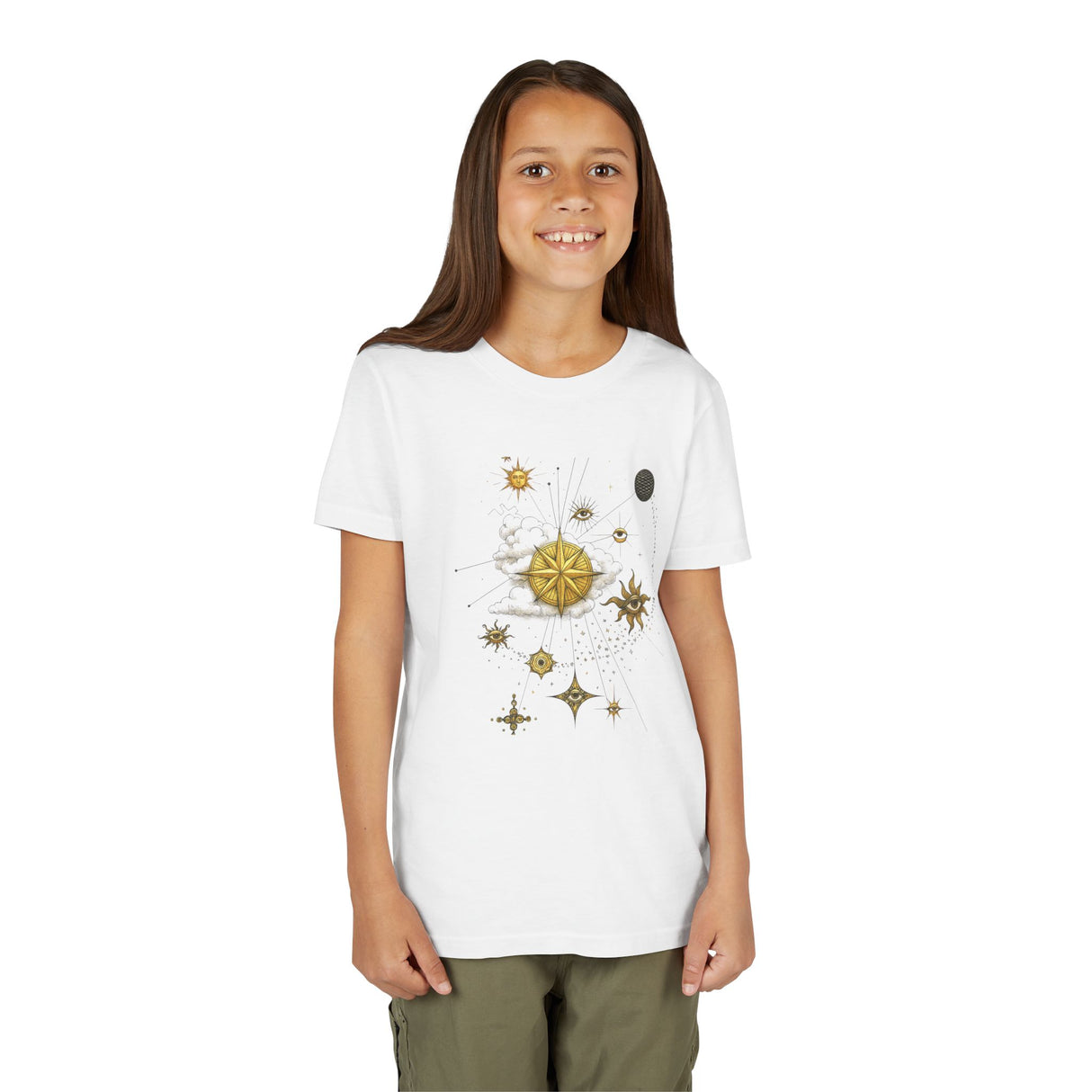 Close-up of the celestial graphic on the Celestial Compass Youth Tee showing star constellations.