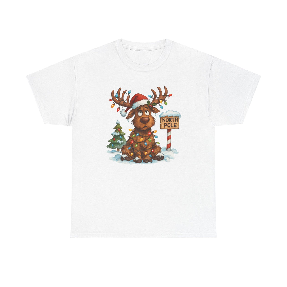 Cute Santa Hat decoration on the Christmas Reindeer Tee, ideal for festive gatherings.