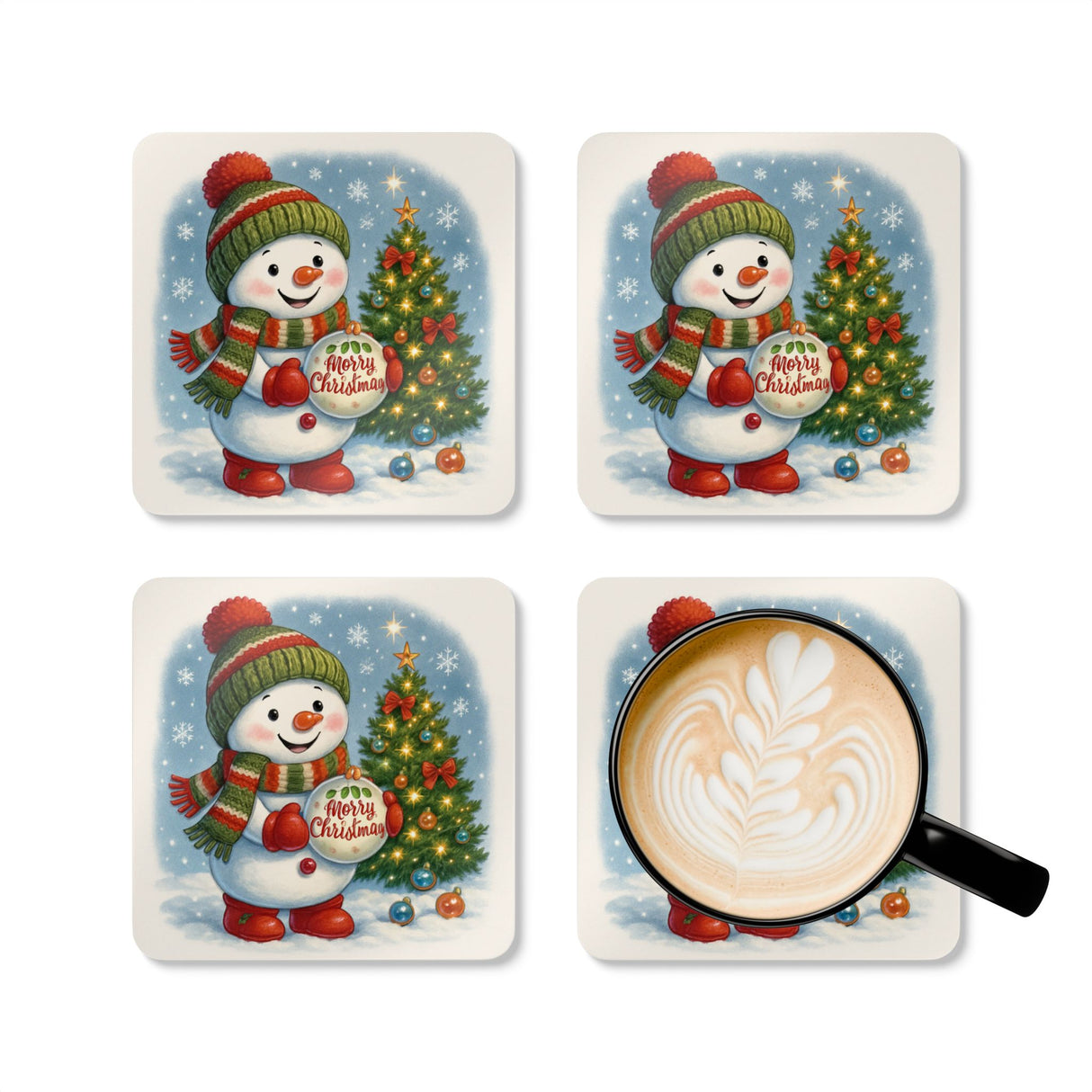 Christmas Snowman Cork Coaster Set featuring a cheerful vintage-style snowman and twinkling Christmas tree, perfect for holiday decor.