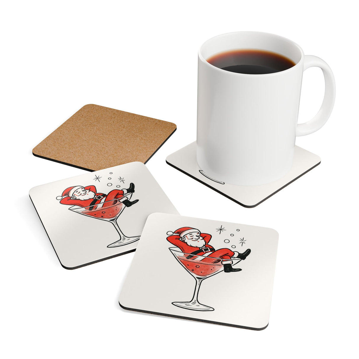 Full view of the Christmas Santa in Cocktail Corkwood Coaster Set, perfect for adding a vintage holiday vibe to your table.