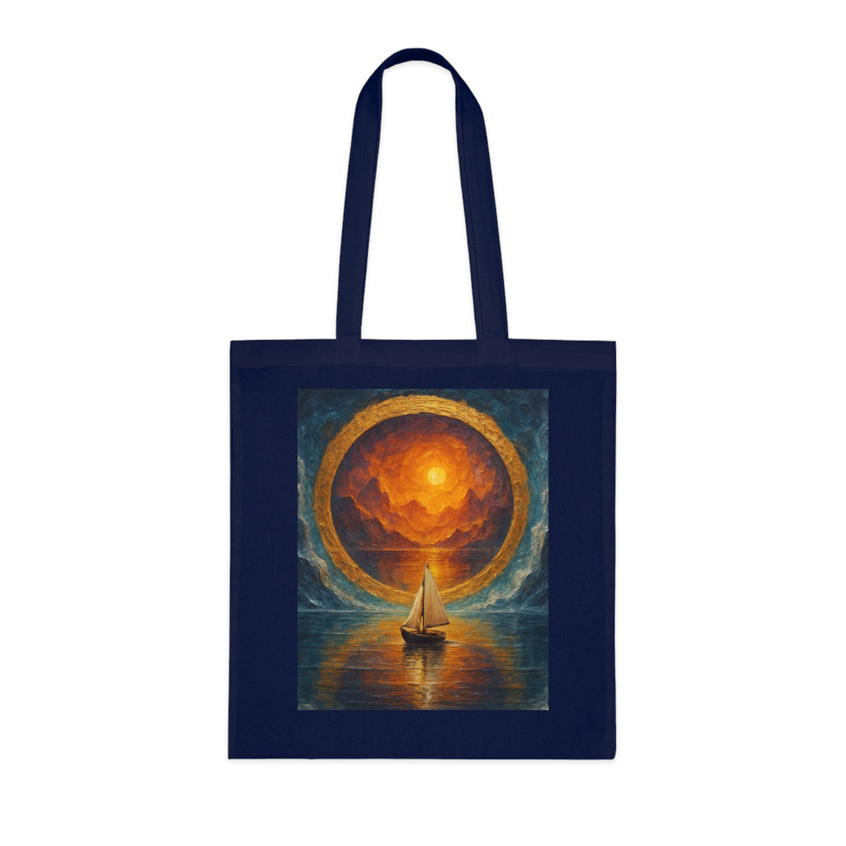 Sailboat Sunset Tote Bag – Full frontal view displaying the vibrant sunset sail design on the cotton canvas.