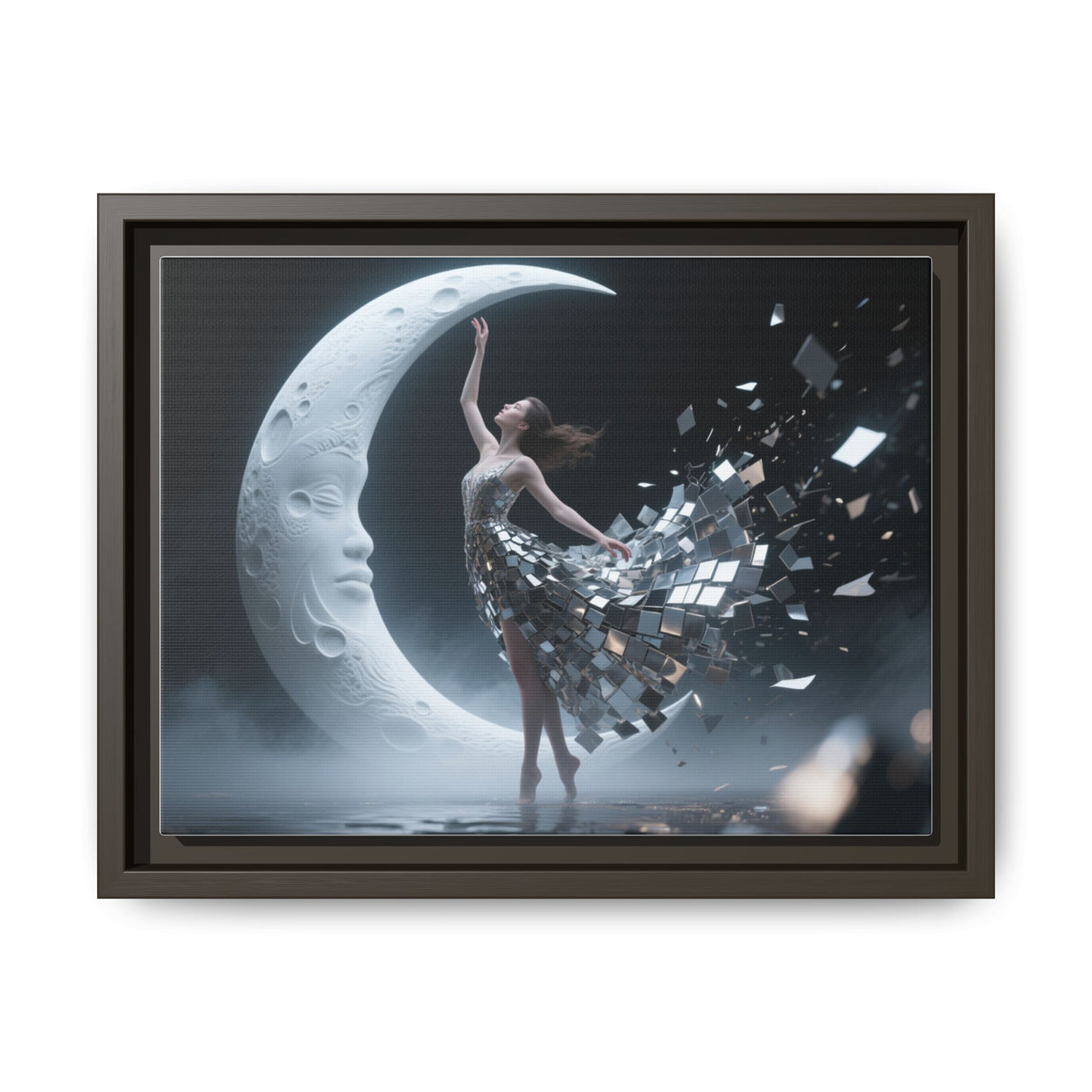 Framed Matte Canvas Art — Dancer & Moon Surreal Wall Decor emphasizing the modern slim frame and beautiful color palette.