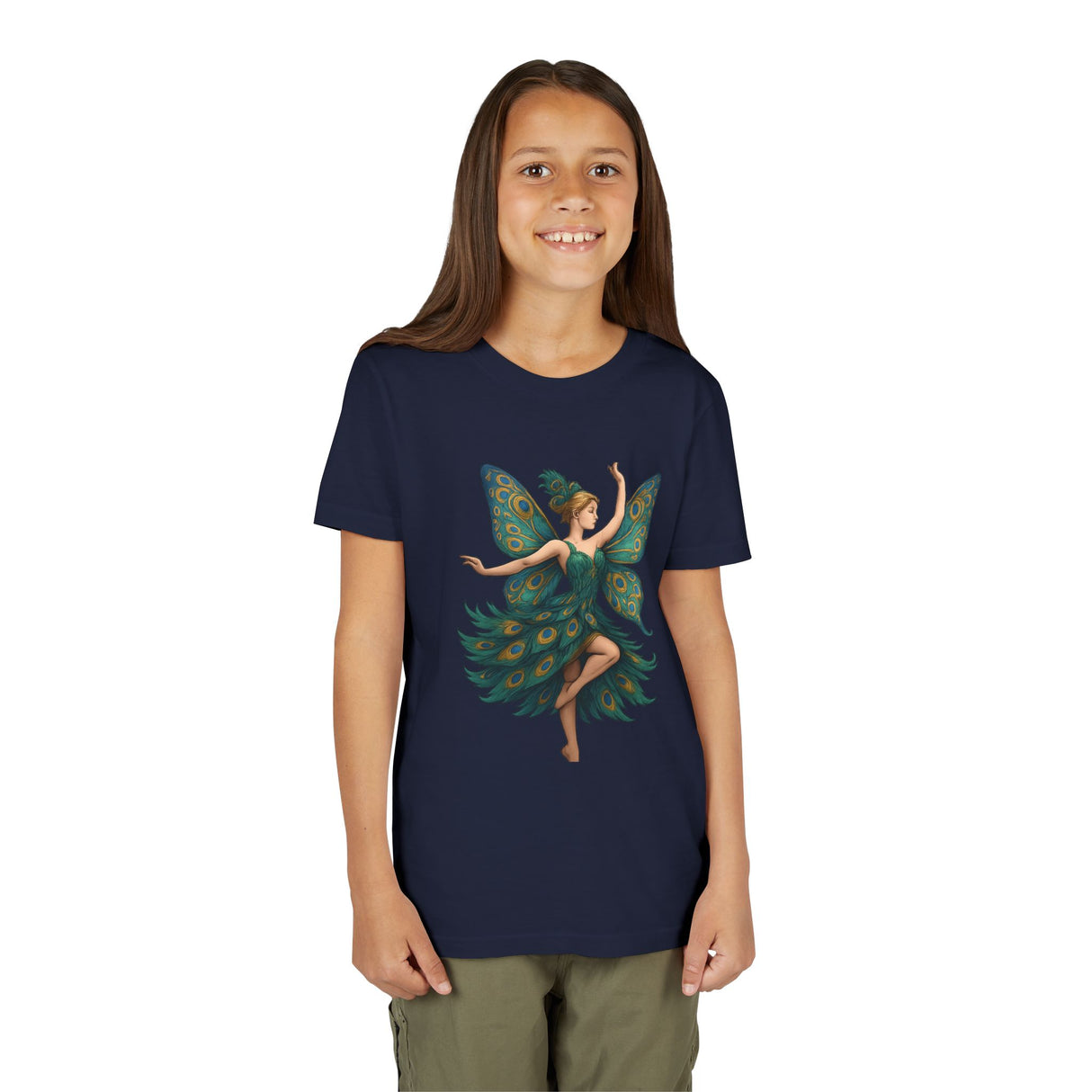 Whimsical Fairy Youth Short Sleeve Tee laid flat to emphasize the quality and fairy design for imaginative kids.