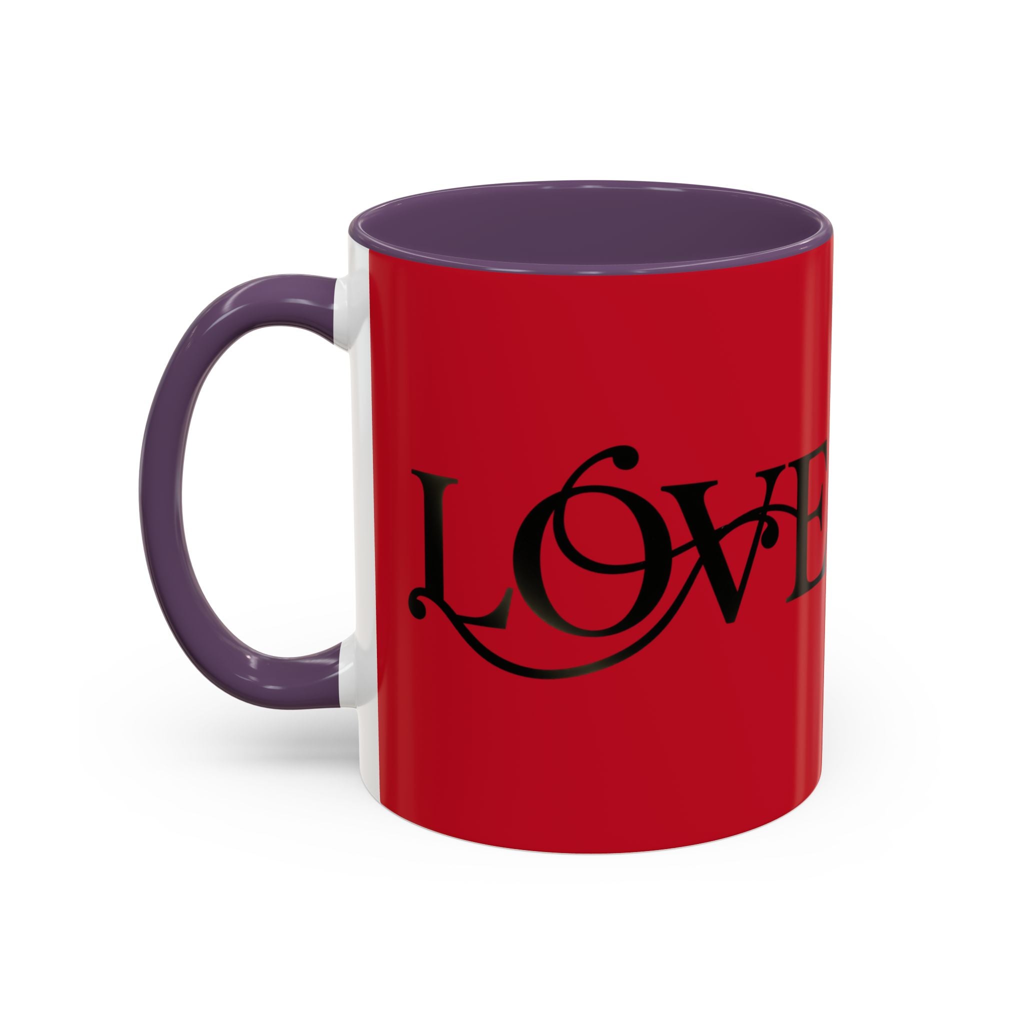 Love Script Accent Coffee Mug — Red & Black Romantic Ceramic Coffee Cup (11oz)