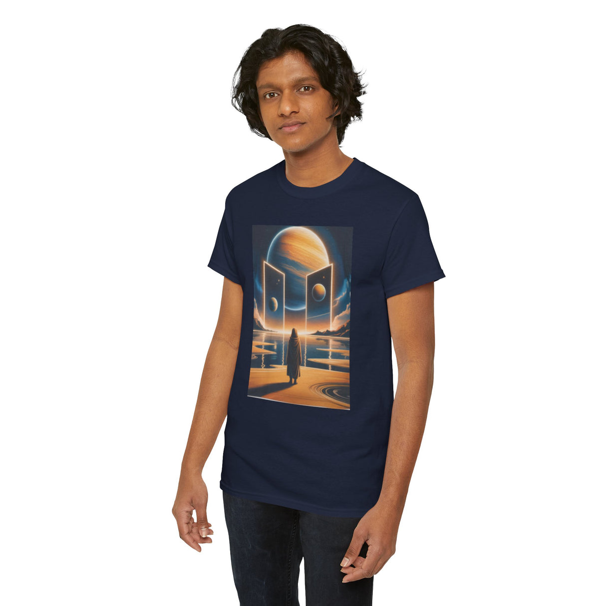 The Cosmic Gateway T-Shirt laid flat showing its medium-weight fabric and tubular knit design.