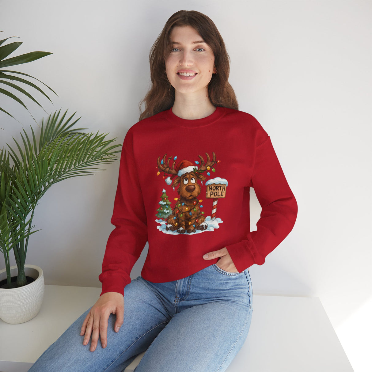 Christmas Moose Crewneck Sweatshirt designed for warmth with a fun reindeer graphic in holiday spirit.