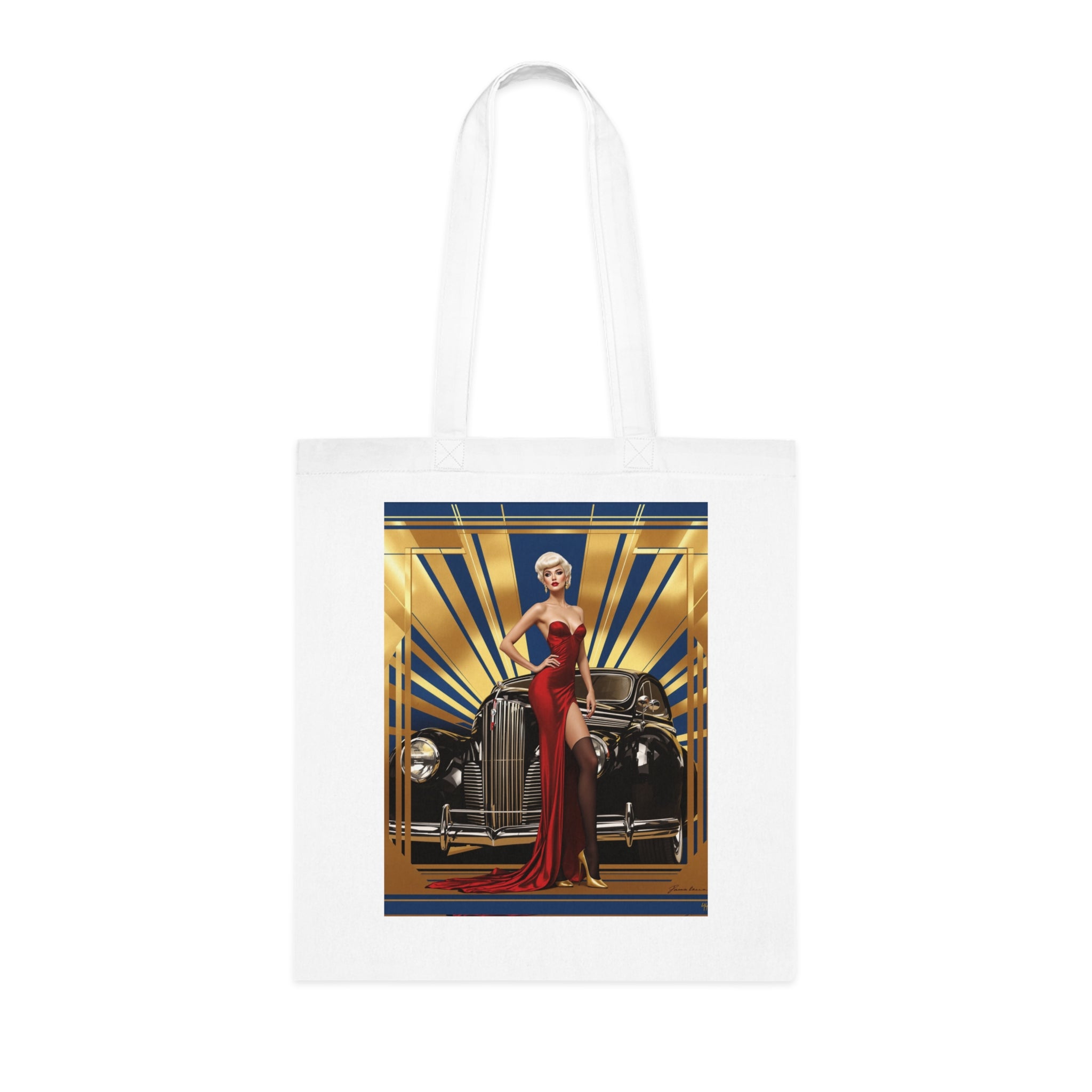 Life-style shot of the Vintage Glamour Cotton Tote Bag at the beach.