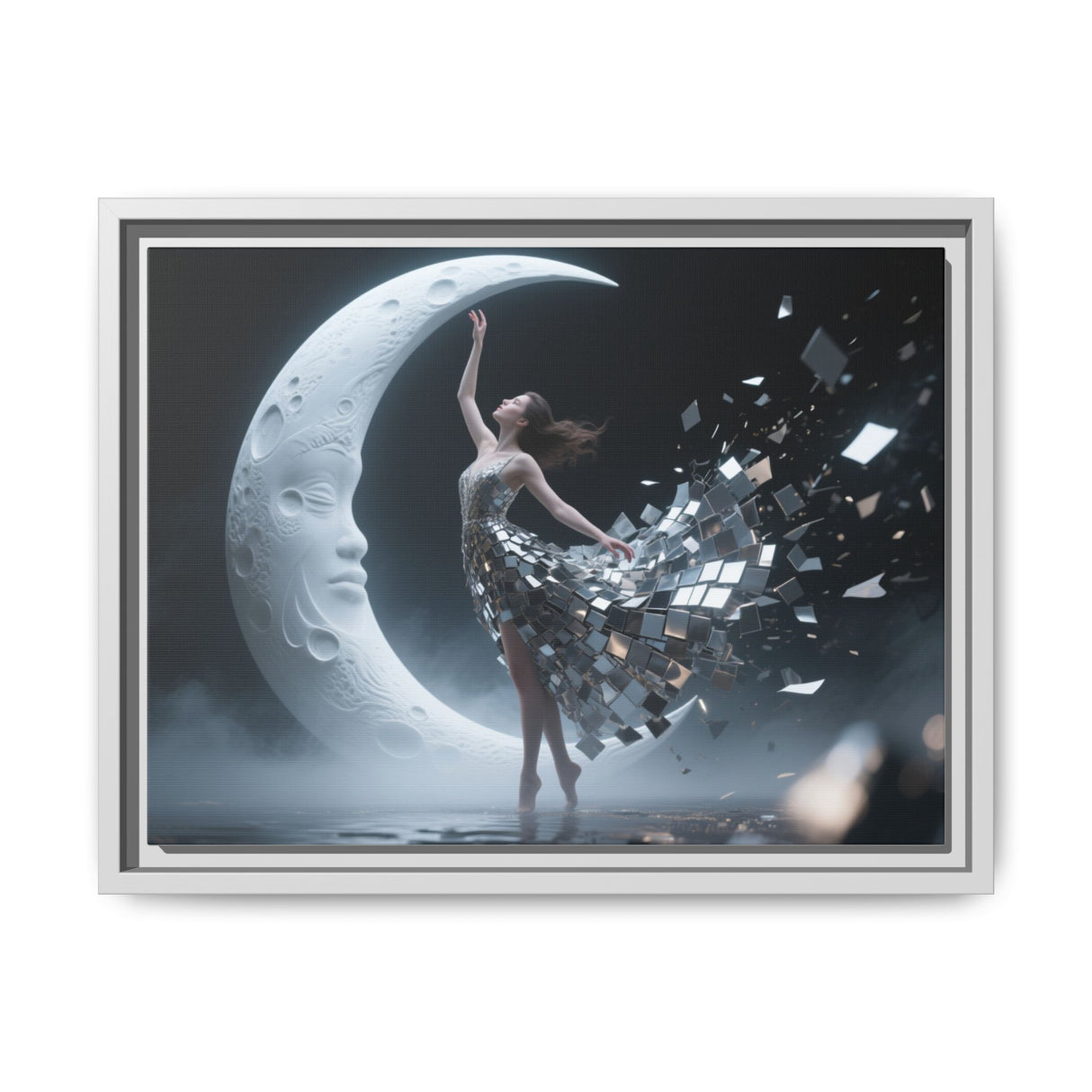 Framed Matte Canvas Art — Dancer & Moon Surreal Wall Decor in various sizes displayed in elegant home decor settings.