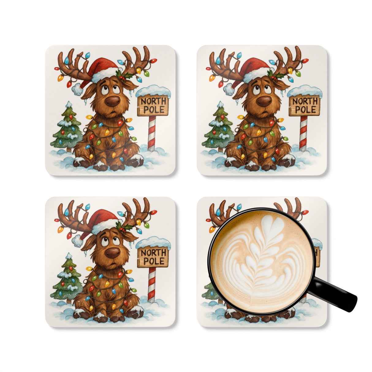 Cork-backed Christmas coasters depicting a whimsical reindeer scene for holiday drinkware.