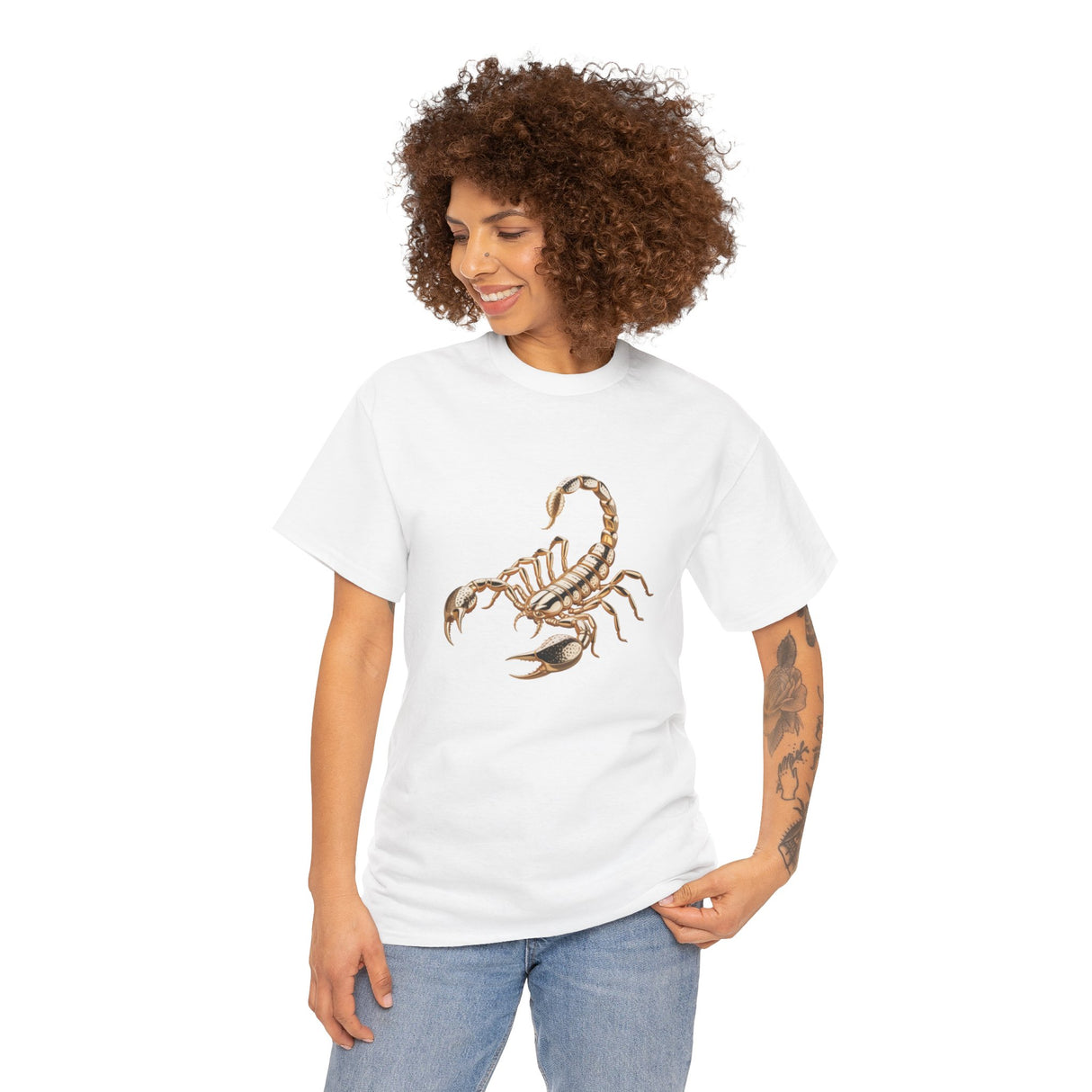 Artistic shot of the Scorpion Graphic Tee — Desert Scorpion Illustration T-Shirt draped over a chair.
