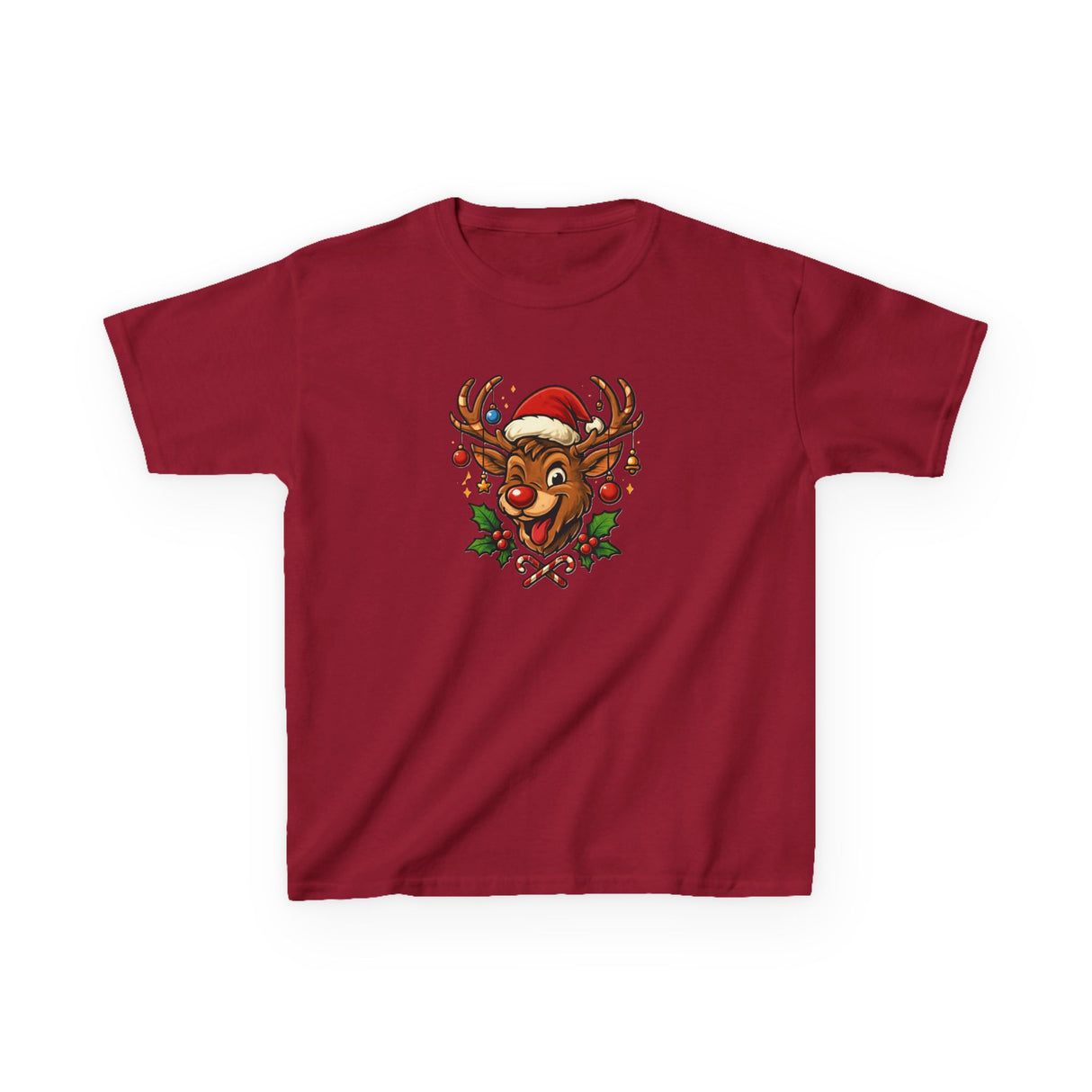 Kids Christmas Reindeer Tee — Cute Santa Hat Rudolph Holiday Shirt perfect for holiday gatherings and school events.