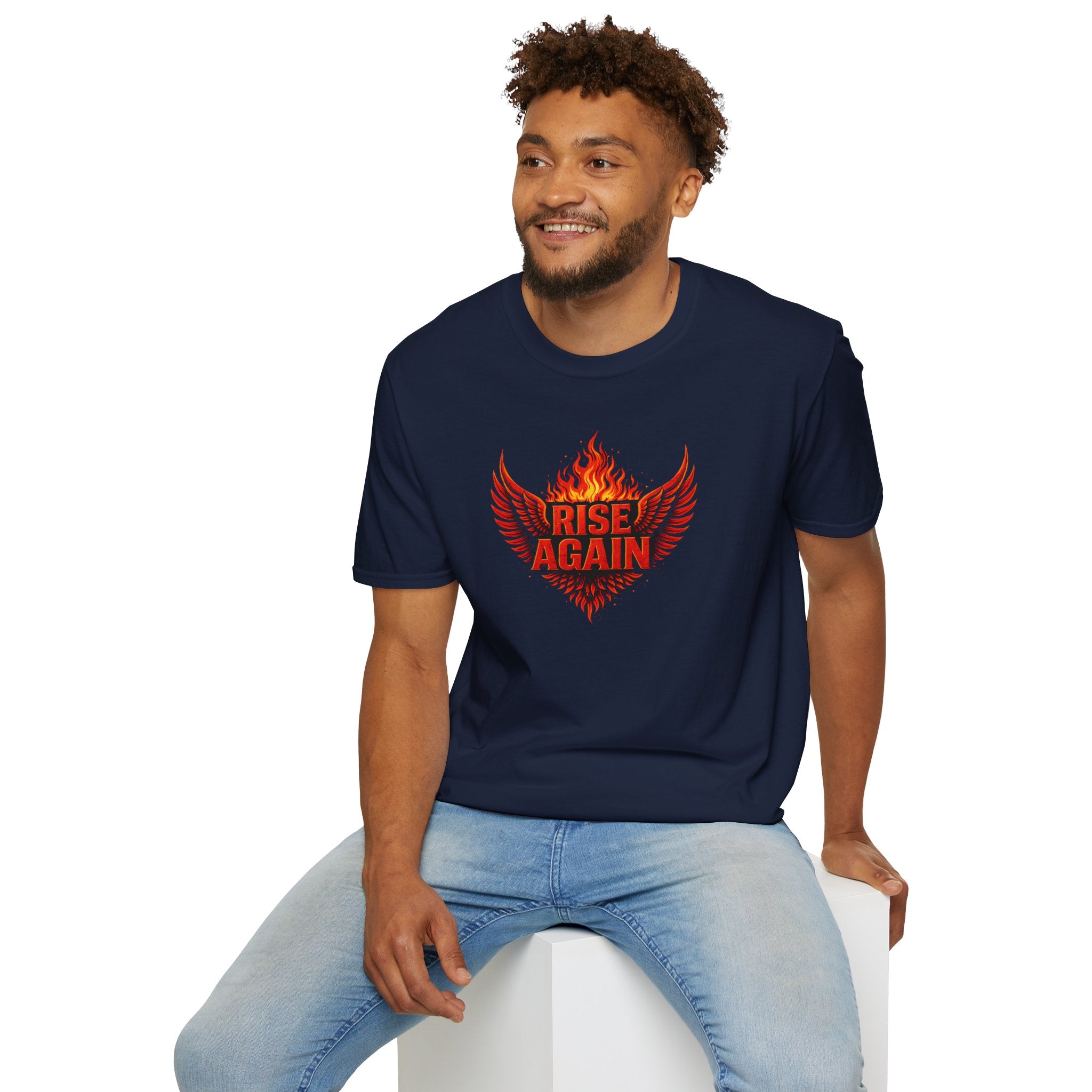 Man wearing a navy blue t-shirt with a red graphic and text &