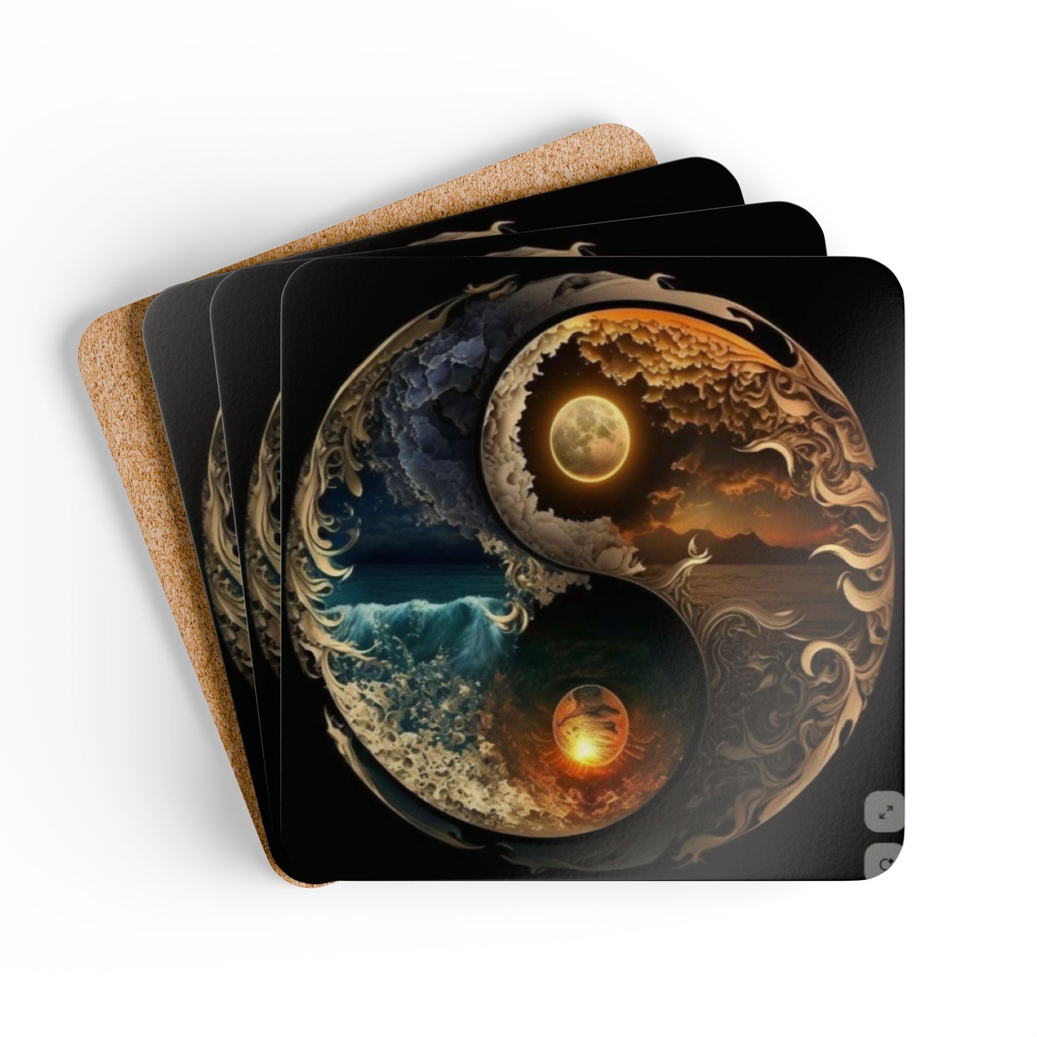 Compact 4-piece Yin Yang Corkwood Coaster Set showcasing unique designs and glossy finish.