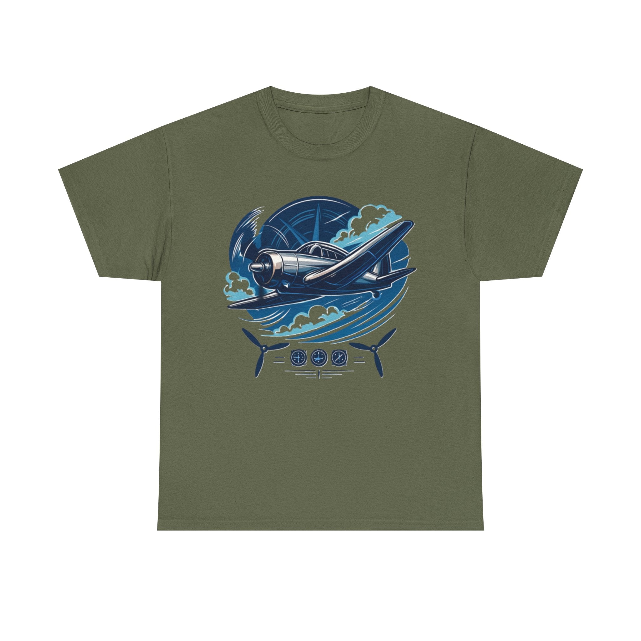 Vintage Propeller Plane T-Shirt on a hanger, emphasizing its classic cotton material and everyday comfort.
