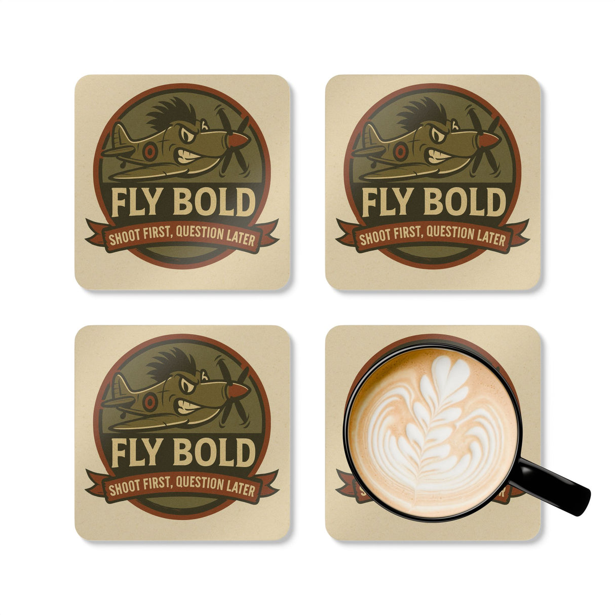 Close-up of the Vintage Airplane Coaster Set - 'Fly Bold' Design, showcasing its convenience and quality craftsmanship.