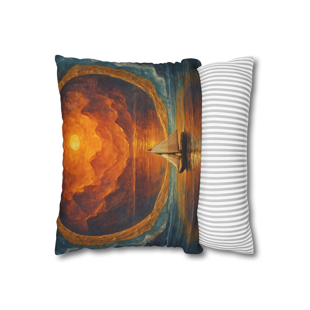 The Sailboat Sunset Decorative Pillow - Nautical Dreamscape Square Cushion 16" × 16" displayed on a bed, adding a touch of seaside relaxation to the bedroom.