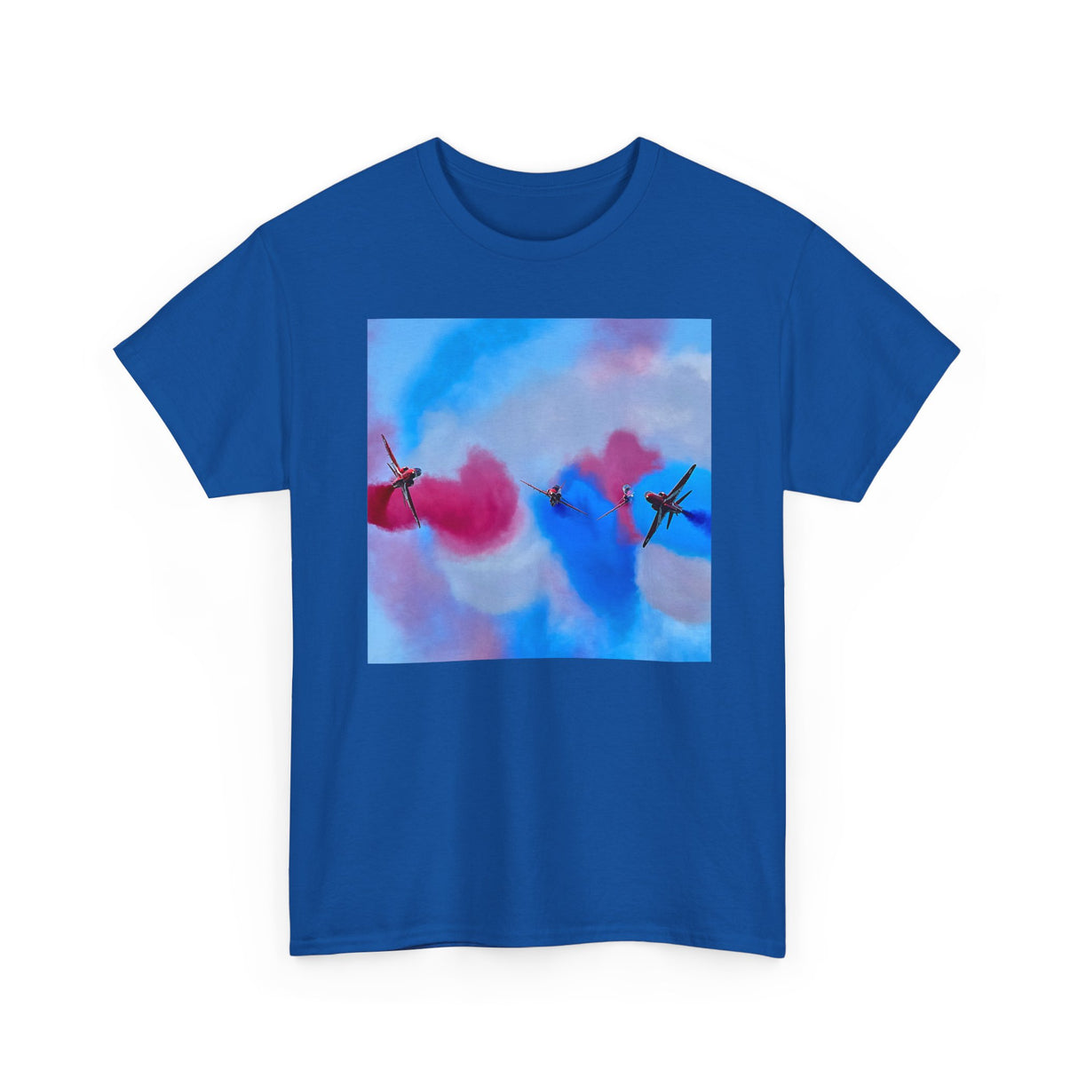 The Aerial Smoke Display Tee — Blue & Pink Airshow Pilots T‑Shirt displayed on a hanger, emphasizing its classic crew neck.