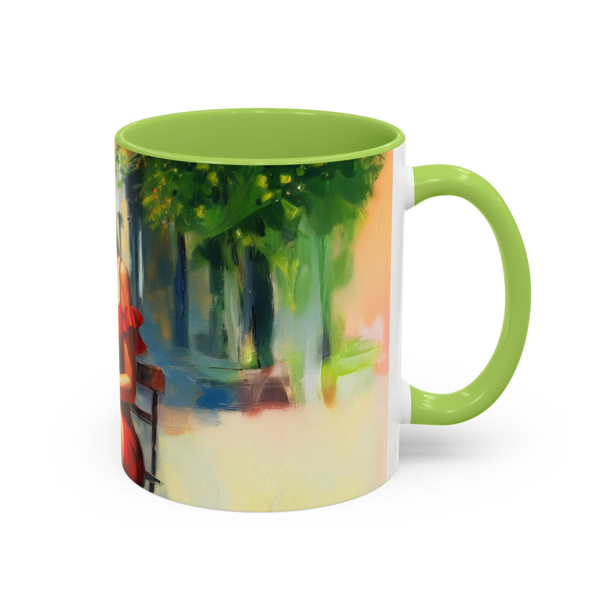 Artistic Red Dress Accent Coffee Mug - 11oz arranged in a bright cheerful setting