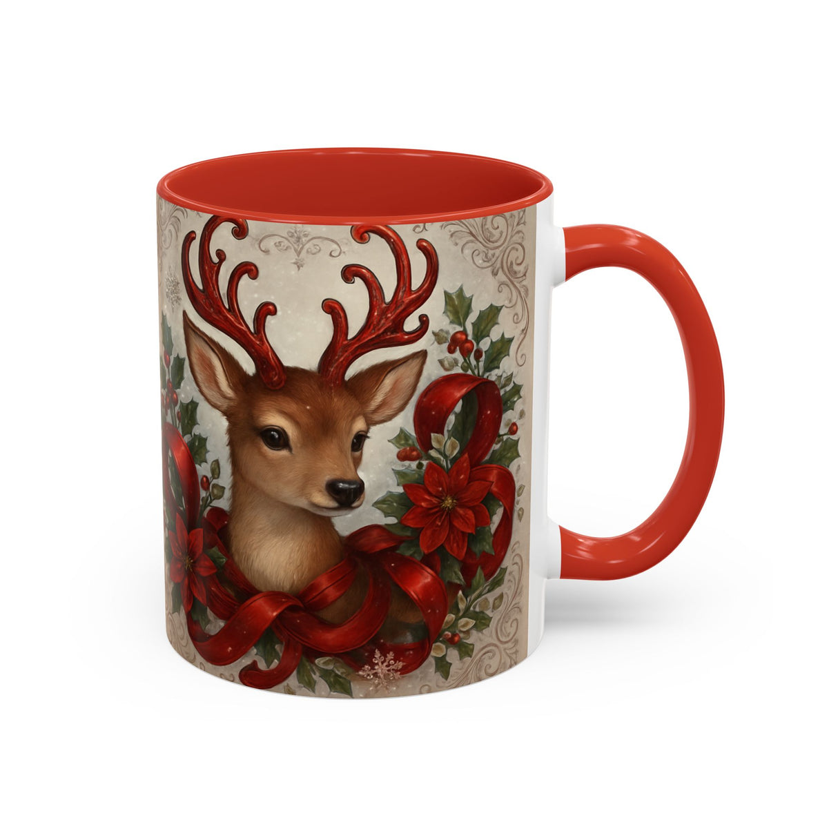 Dishwasher-safe Christmas Reindeer Coffee Mug with a beautiful deer and floral pattern.