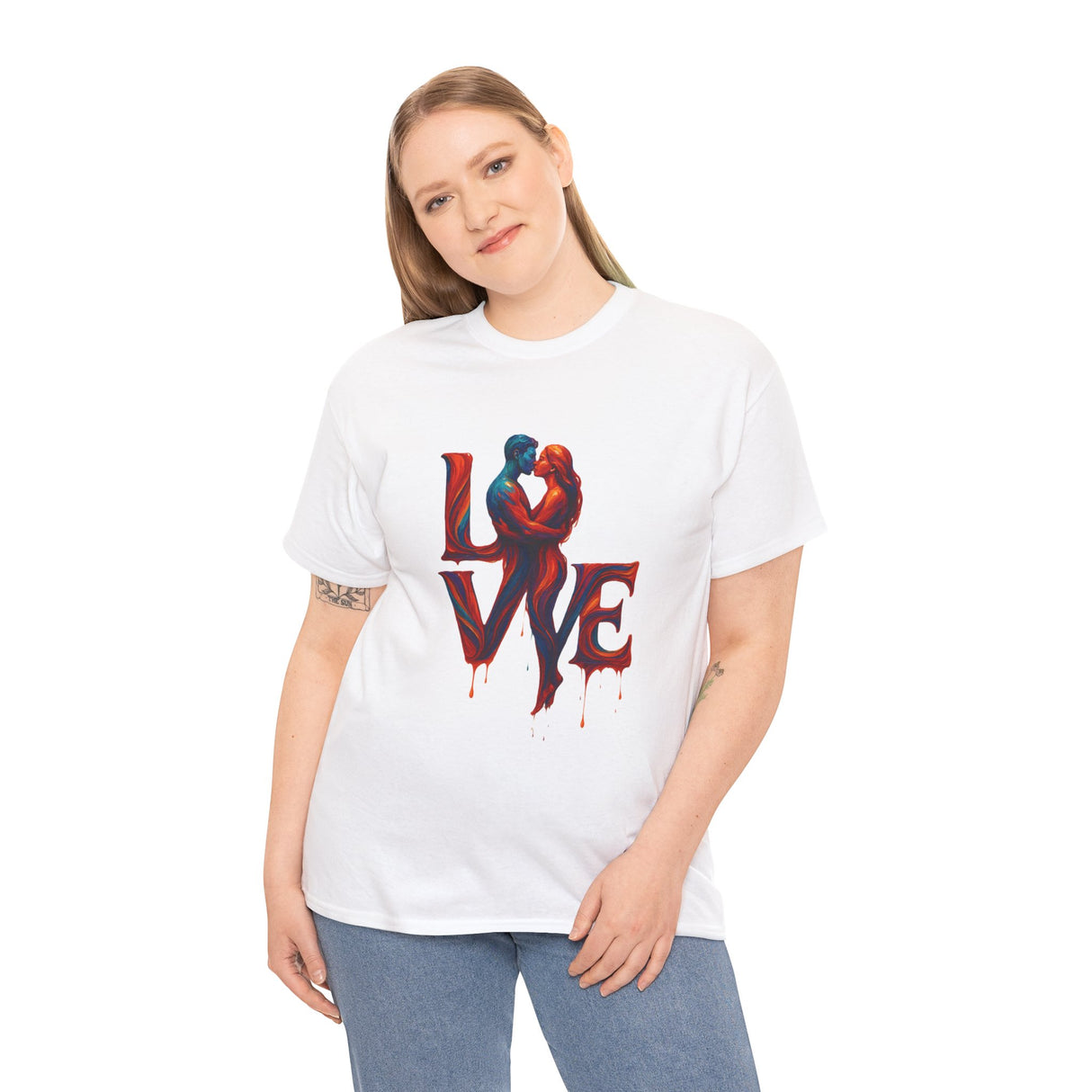LOVE Couple Silhouette T-Shirt — Romantic Dripping Love Design displayed casually indoors for a laid-back vibe.