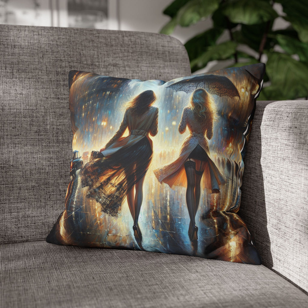 Rainy Night Stroll Decorative Pillowcase featuring a soft pillow with vibrant print, 16" × 16" showing colorful city lights and two figures under an umbrella.